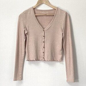 American Eagle Soft N Sexy Plush Button Up Ruffled Hem Cardigan - Medium in Pink
